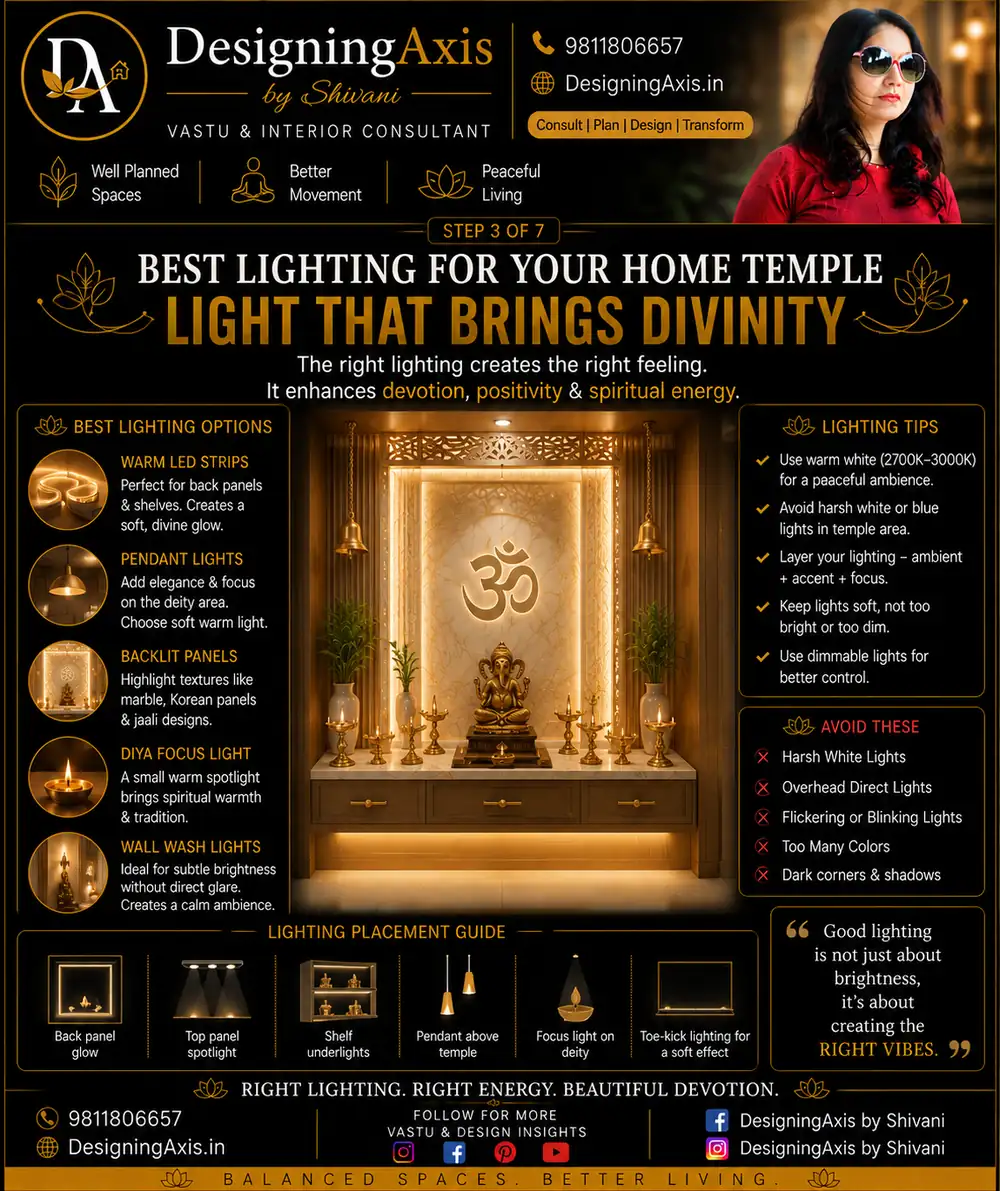 Best lighting for a home temple — warm LED strips, pendant lights, diya focus light, and lighting to avoid