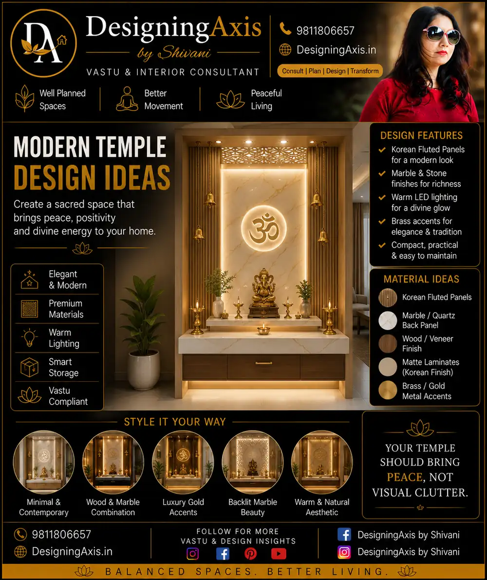 Modern home temple design ideas — Korean fluted panels, marble, warm LED lighting, brass accents, styling options