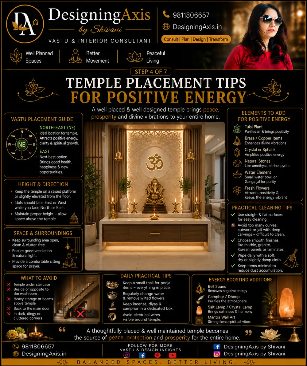 Pooja room Vastu placement guide — North-East direction, idol facing, height and what to avoid