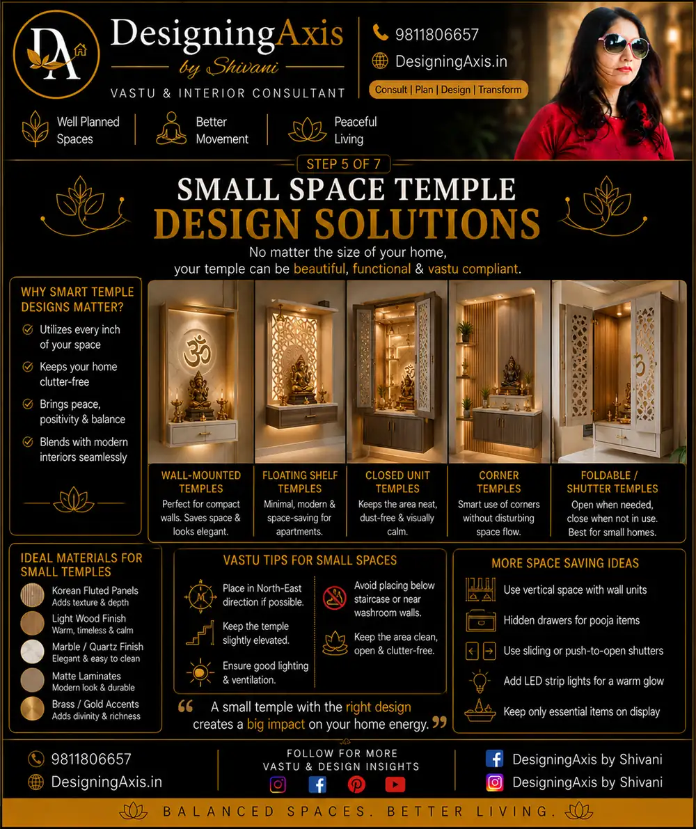 Small space temple design solutions — wall-mounted, floating shelf, closed unit, corner and foldable temples for flats