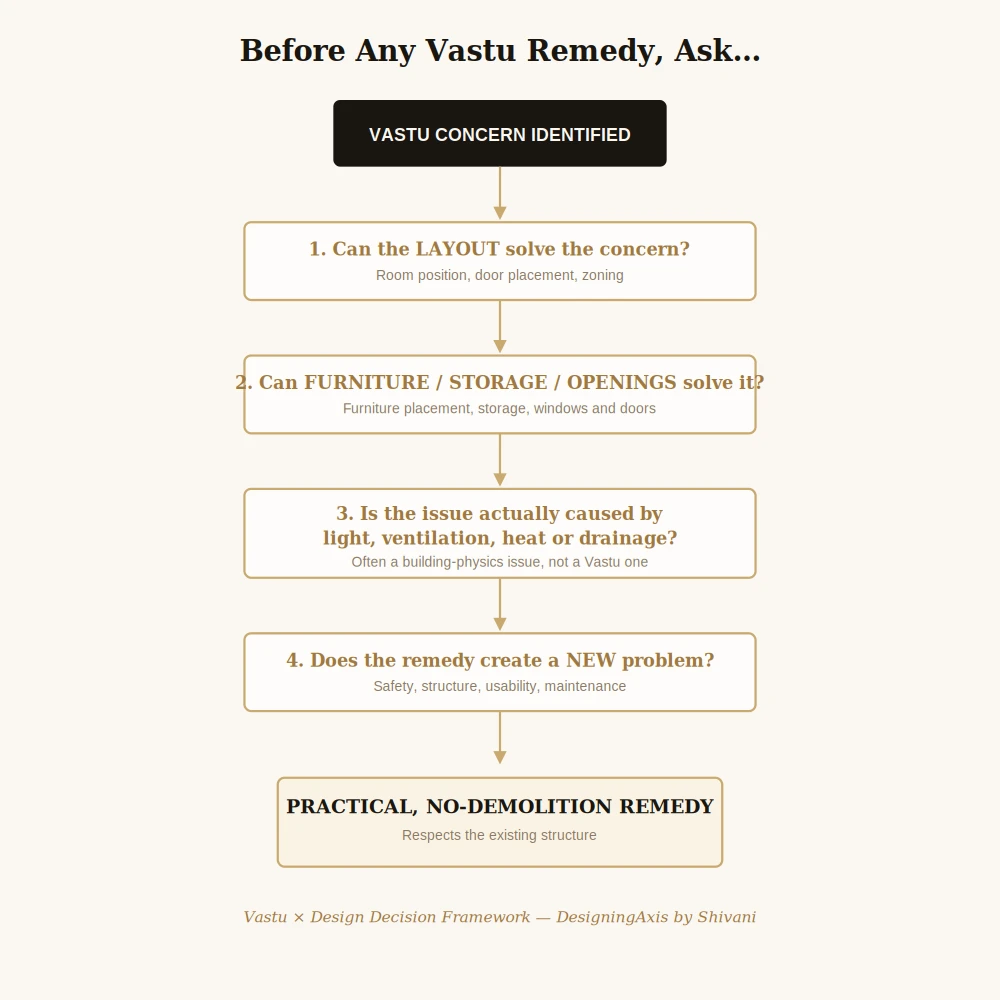 Vastu times Design decision flowchart — four questions before any remedy — DesigningAxis by Shivani