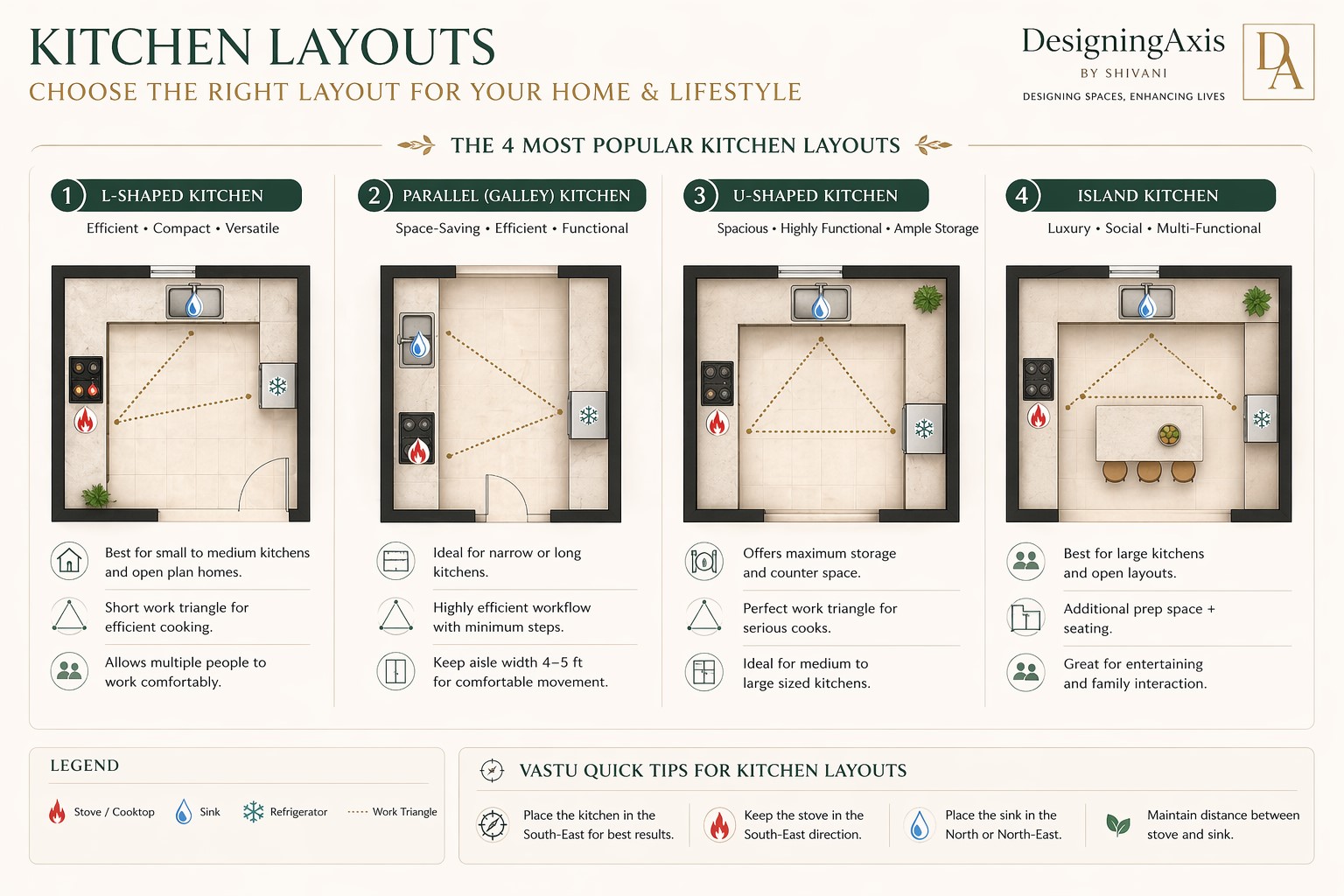 Kitchen Layouts Guide — L-shaped, Parallel, U-shaped and Island with Vastu tips by DesigningAxis