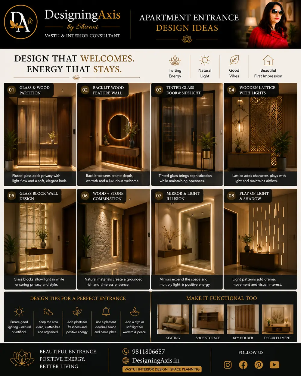 Materials for apartment entrance and foyer design — marble, wood, Korean panels