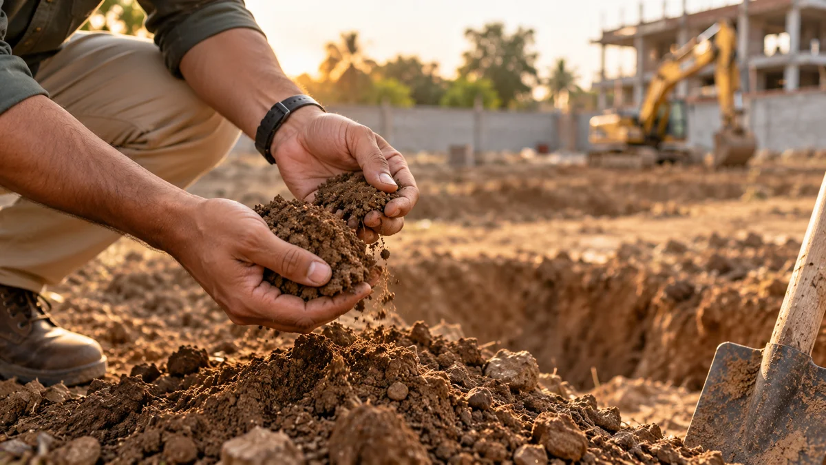 Hands examining excavated soil at a construction site — DesigningAxis by Shivani