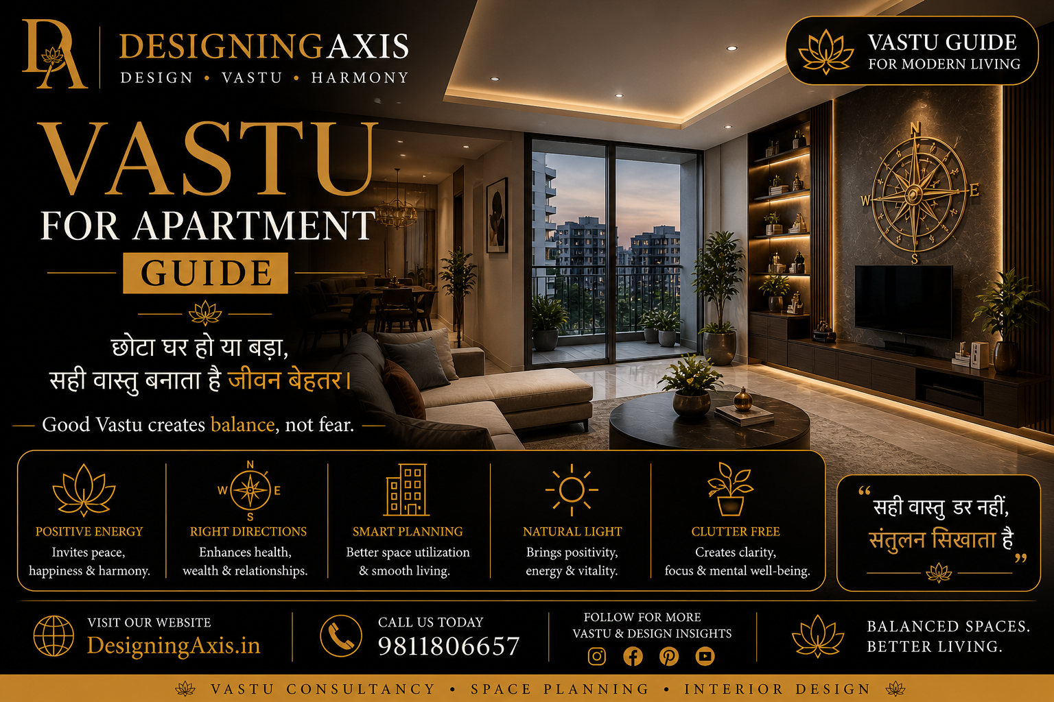Vastu-aligned apartment interior by DesigningAxis by Shivani — practical Vastu for modern flat living