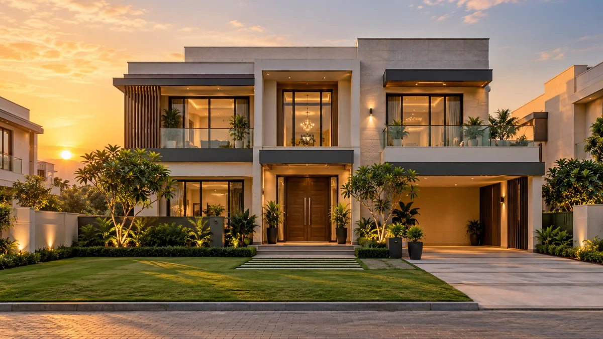 Modern villa on a rectangular plot at golden hour — DesigningAxis by Shivani