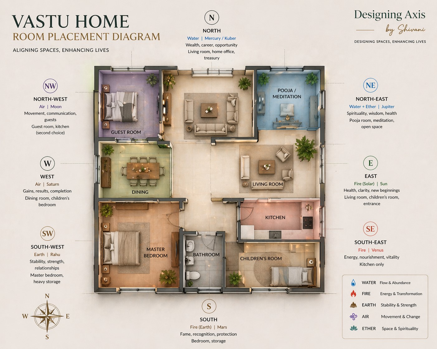 Vastu Home Room Placement Diagram — ideal room positions by direction, by DesigningAxis by Shivani