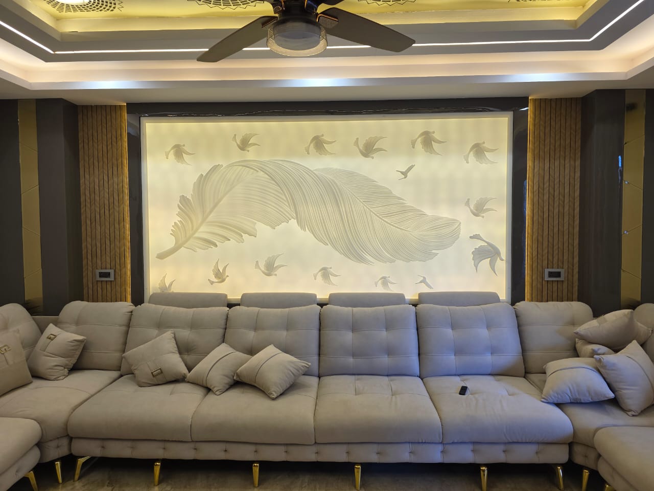 Luxury living room with backlit feature wall and sofa, Delhi NCR
