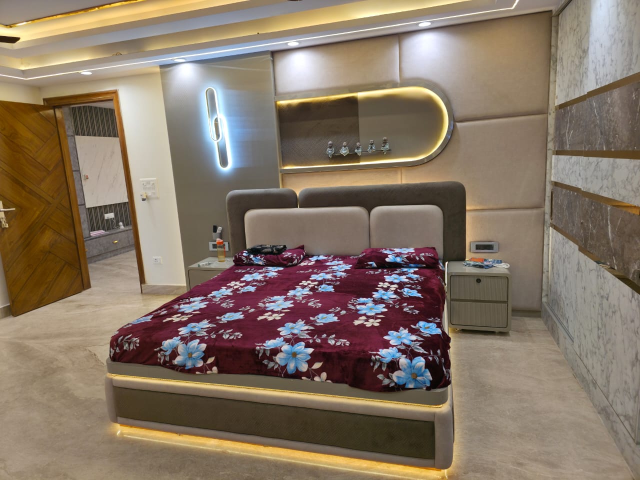 Master bedroom with LED backlit headboard and false ceiling, Ghaziabad